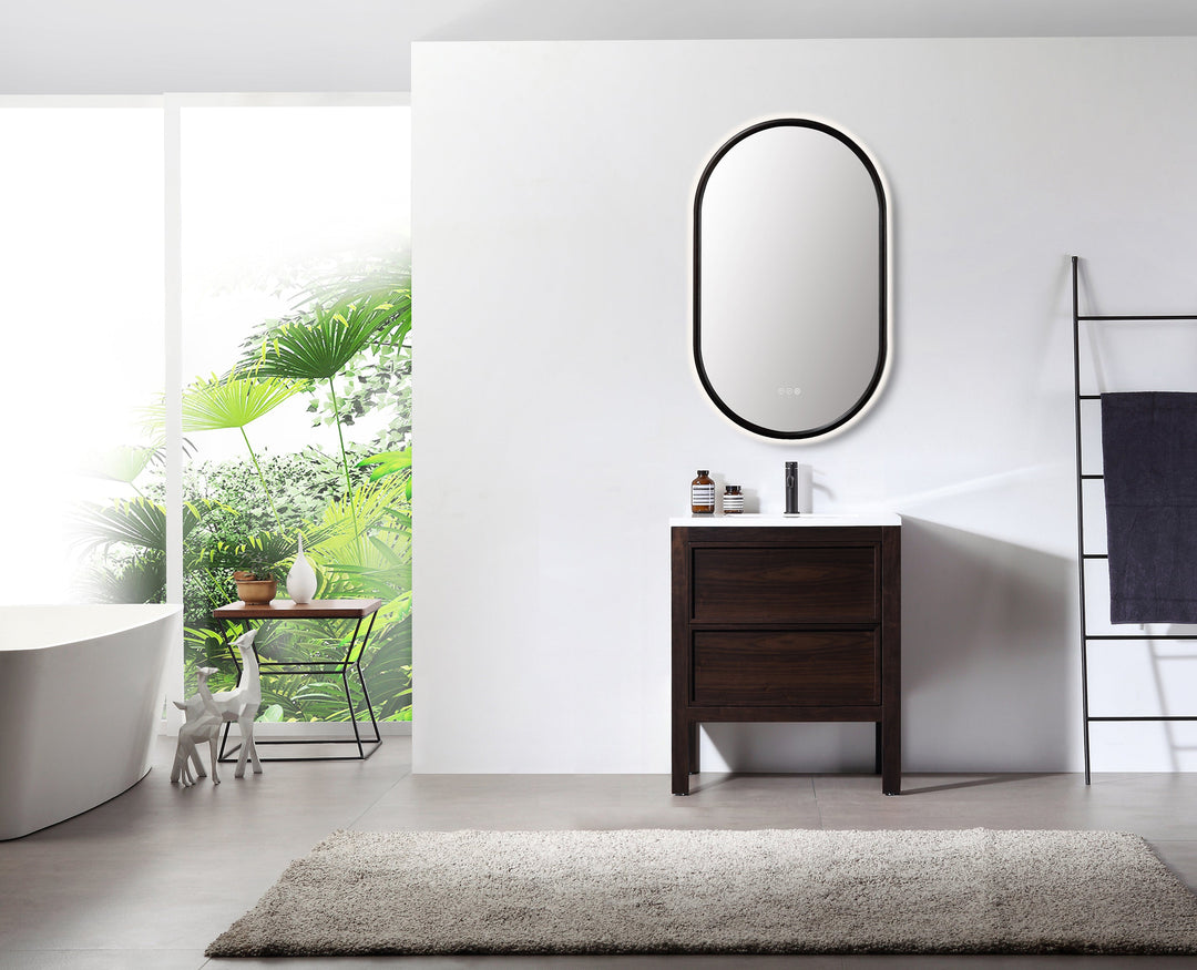 Zen 24" LED Bathroom Mirror in Dark Walnut, Anti-Fog