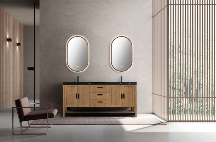 Zen 24" LED Bathroom Mirror in Pecan Oak, Anti-Fog