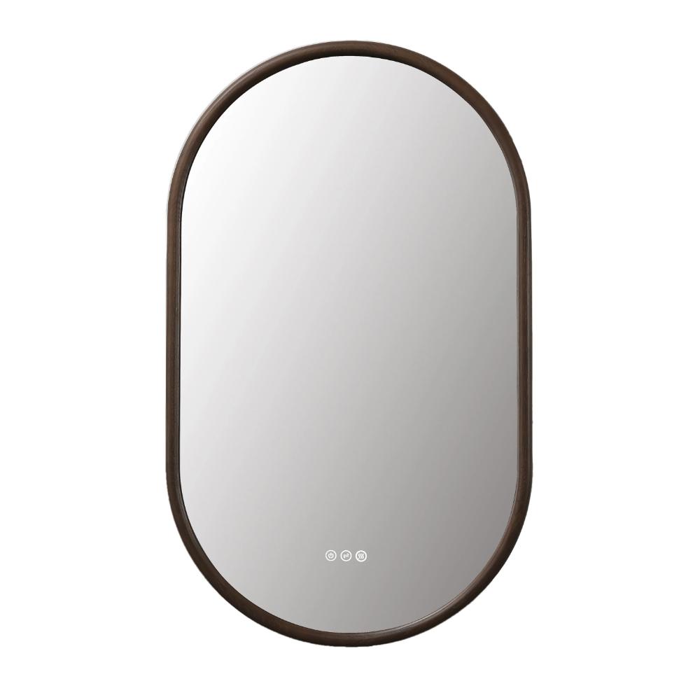 The Zen LED Mirrors feature a modern, minimalist oval design with a dark brown frame and three touch buttons at the bottom center, making them perfect for contemporary spaces.