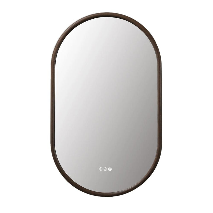 The Zen LED Mirrors feature a modern, minimalist oval design with a dark brown frame and three touch buttons at the bottom center, making them perfect for contemporary spaces.