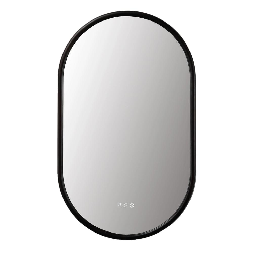 The Zen LED Mirror features an oval shape, sleek black frame, and three touch control icons at the bottom center for smart lighting. Its softly reflective surface gives any space a modern, stylish look.