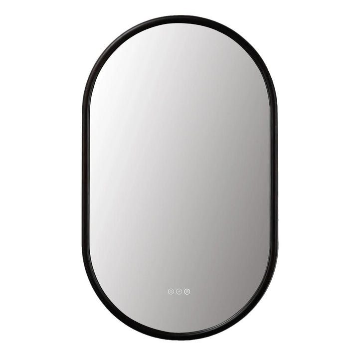 The Zen LED Mirror features an oval shape, sleek black frame, and three touch control icons at the bottom center for smart lighting. Its softly reflective surface gives any space a modern, stylish look.