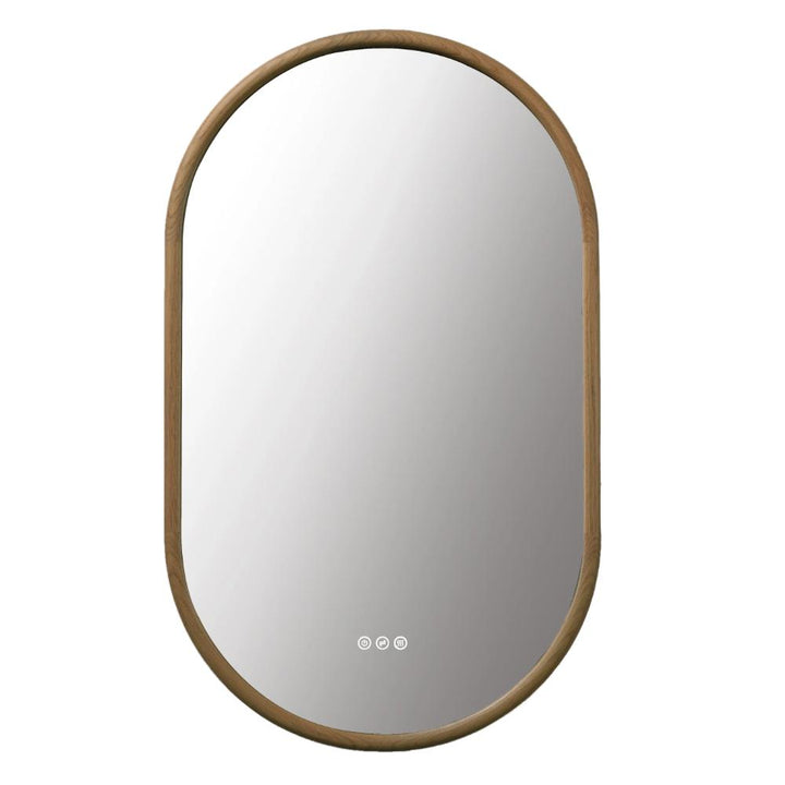 Zen LED Mirrors: Oval wall mirror with a wooden frame and three small circular touch buttons at the bottom center of the glass, shown against a white background.