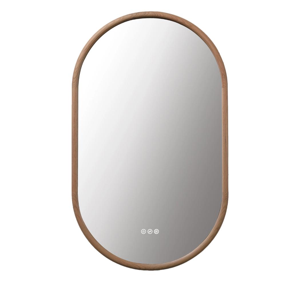 The Zen LED Mirror is oval-shaped with a wooden frame and three small touch control icons at the bottom center, set against a plain white background.
