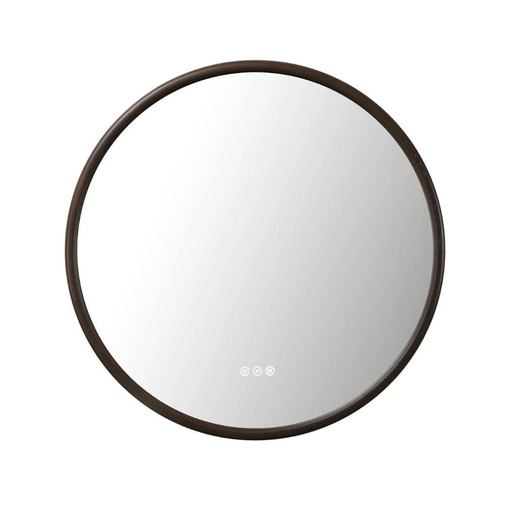 The Zen LED Mirror features a round design with a dark, slim frame and three touch-sensitive icons centered at the bottom of the reflective surface.