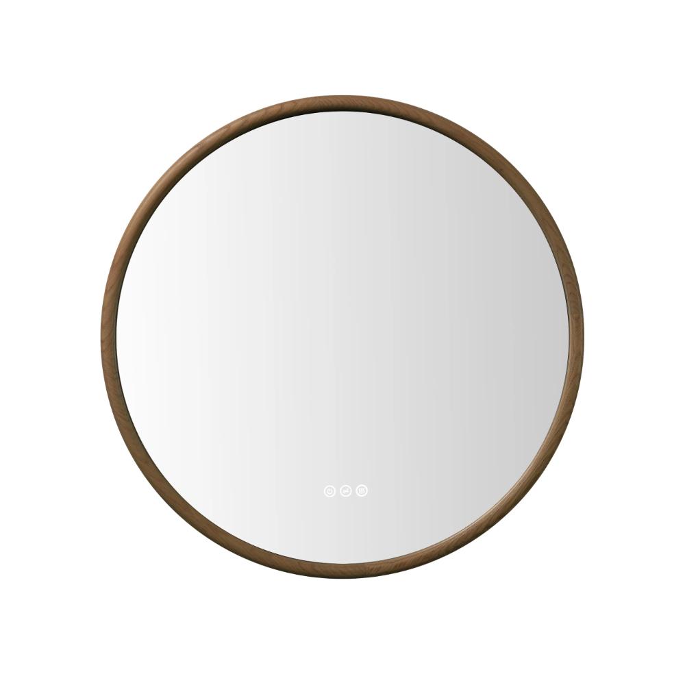 The Zen LED Mirror features a round wooden frame and touch buttons at the bottom center, shown isolated on a white background.