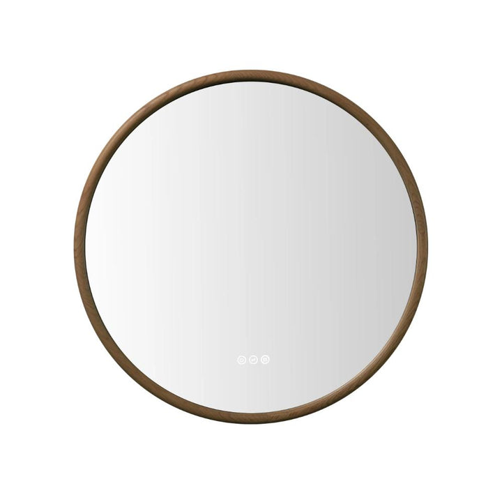 The Zen LED Mirror features a round wooden frame and touch buttons at the bottom center, shown isolated on a white background.
