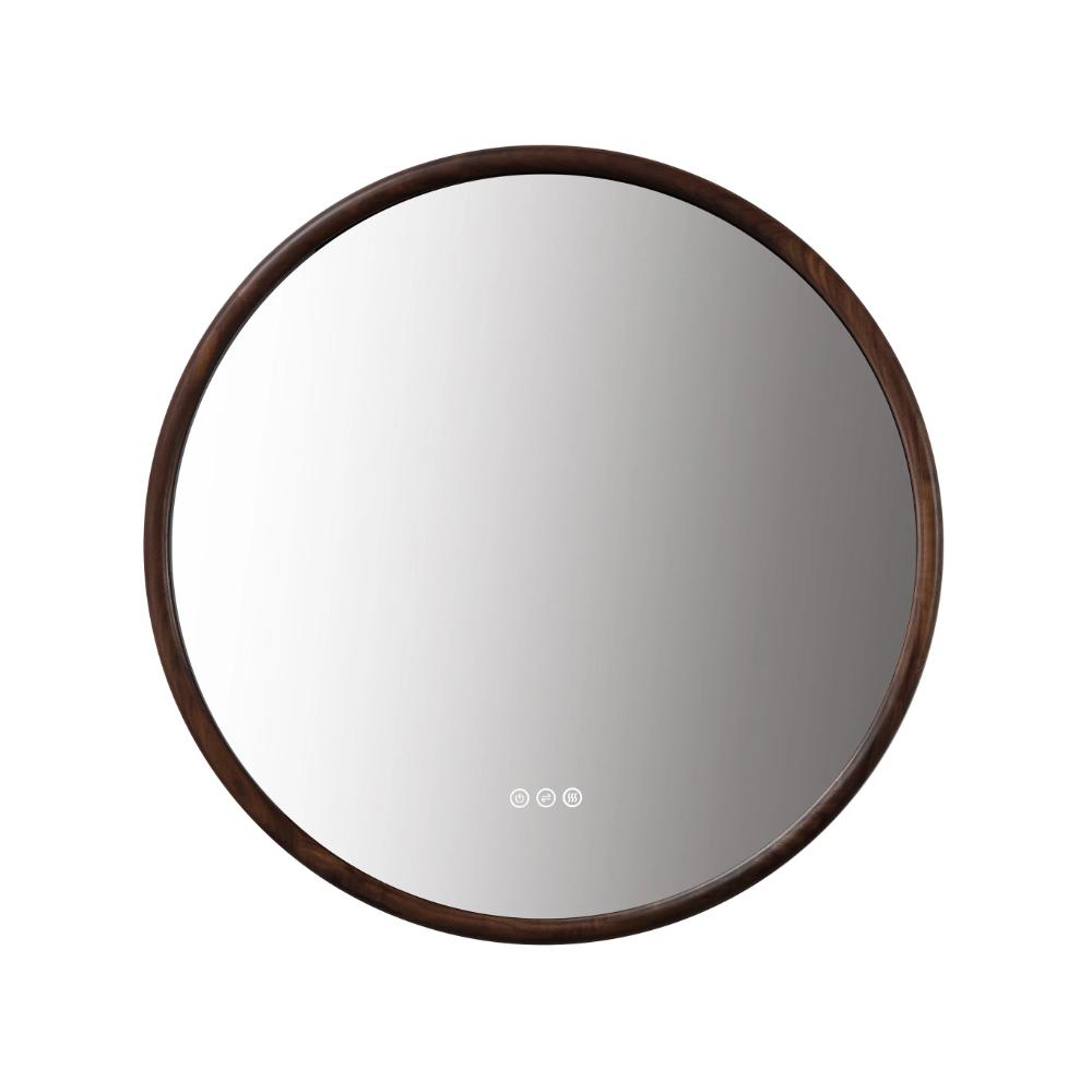 The Zen LED Mirror features a round design with a dark wooden frame and three subtle touch controls at the bottom center, highlighted against a plain white background for modern elegance.