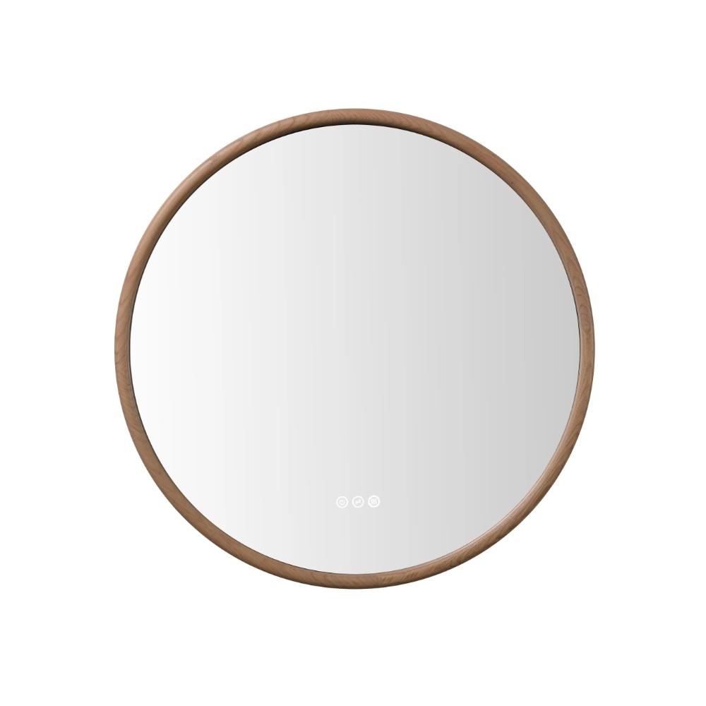 Zen LED Mirrors feature a round design with a wooden frame and a touch-sensitive control panel at the bottom center, displayed against a plain white background.