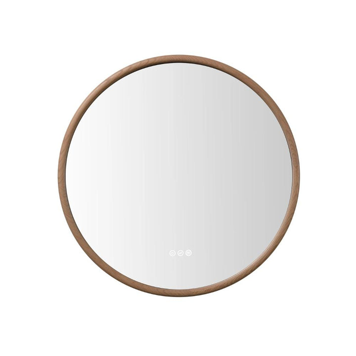 Zen LED Mirrors feature a round design with a wooden frame and a touch-sensitive control panel at the bottom center, displayed against a plain white background.