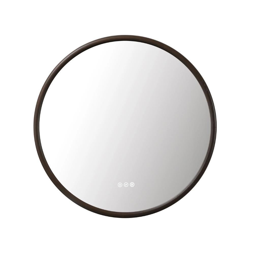 The Zen LED Mirror is a round, wall-mounted mirror with a dark frame and touch-sensitive buttons at the bottom center, offering a simple, modern design that&