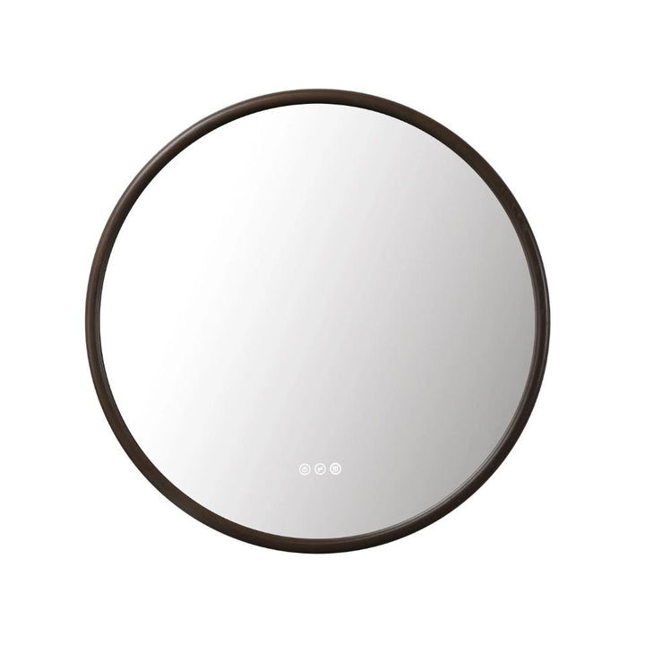 The Zen LED Mirror is a round, wall-mounted mirror with a dark frame and touch-sensitive buttons at the bottom center, offering a simple, modern design that&