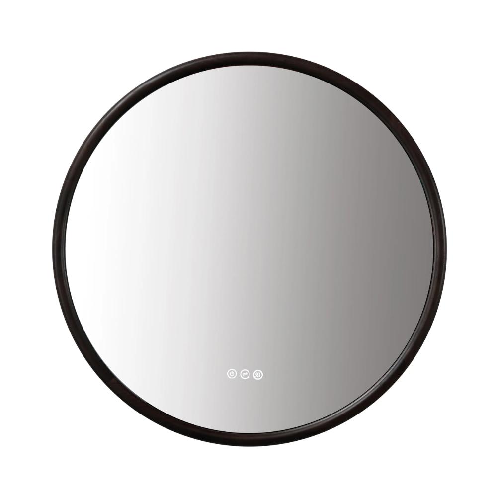 The Zen LED Mirrors feature a round design with a slim black frame and three small touch control icons at the bottom center of the glass.