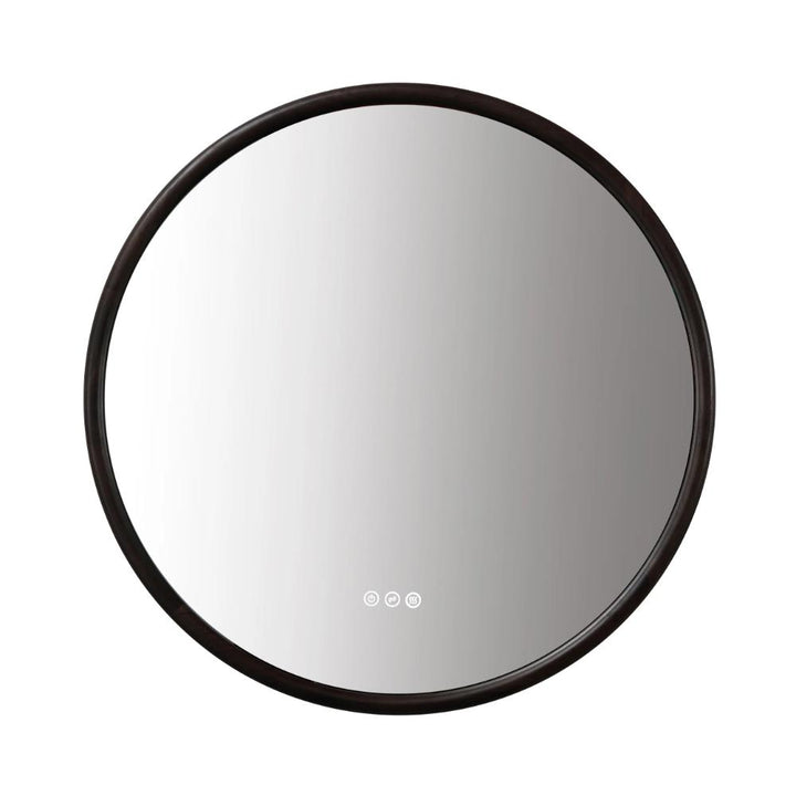 The Zen LED Mirrors feature a round design with a slim black frame and three small touch control icons at the bottom center of the glass.