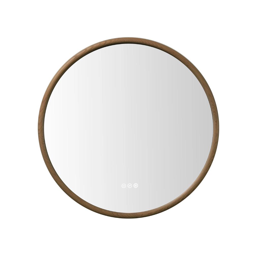 The Zen LED Mirrors feature a round wooden frame and a small touch control panel at the bottom center, shown here against a white background.