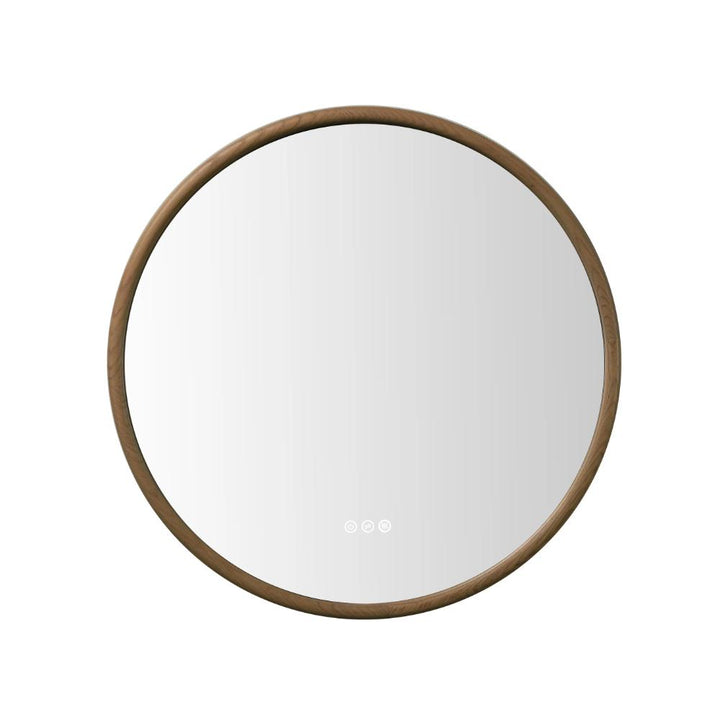 The Zen LED Mirrors feature a round wooden frame and a small touch control panel at the bottom center, shown here against a white background.