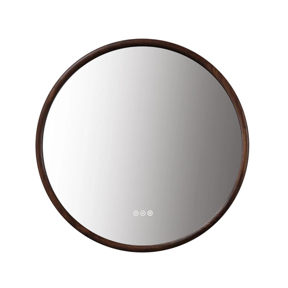The Zen LED Mirrors have a round shape, dark wooden frame, and three small circular touch buttons at the bottom center, uniting modern technology with timeless design.