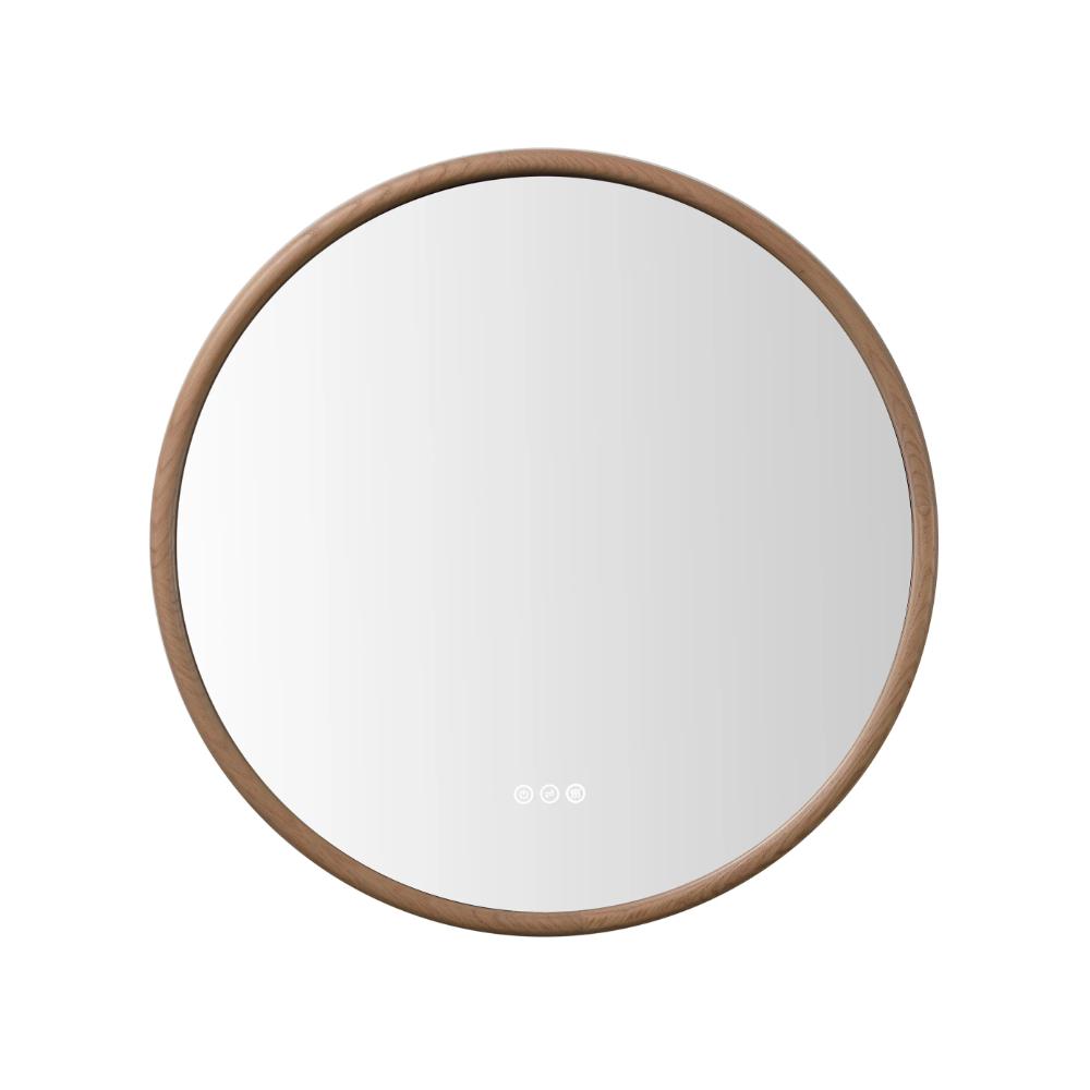 The Zen LED Mirrors feature a round design with a wooden frame and touch control symbols at the bottom center, displayed against a plain white background.