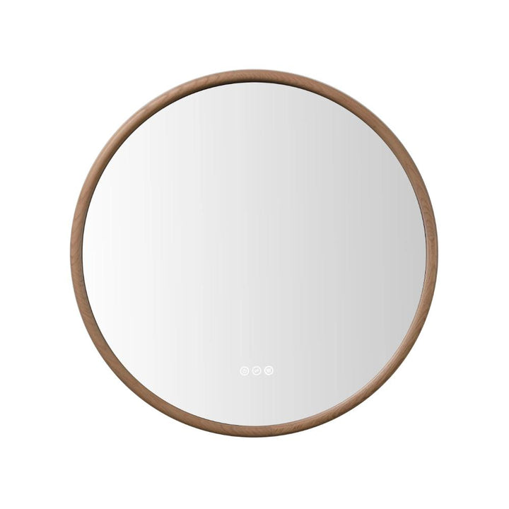 The Zen LED Mirrors feature a round design with a wooden frame and touch control symbols at the bottom center, displayed against a plain white background.