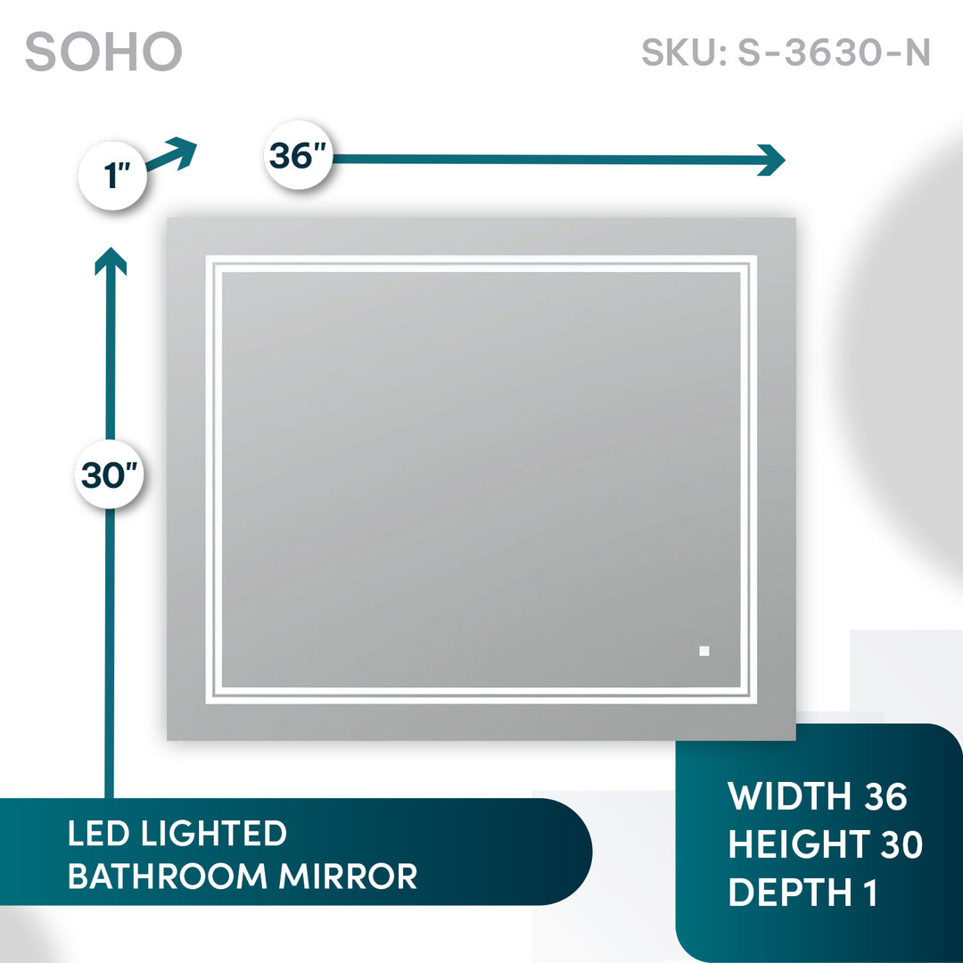 Soho 36" x 30" LED Bathroom Mirror, Anti-Fog