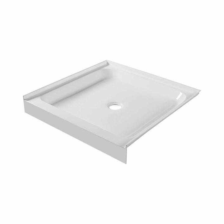 The Nova Shower Base is a rectangular, white base with a central drain and raised edges on three sides, designed for corner installation against two walls.