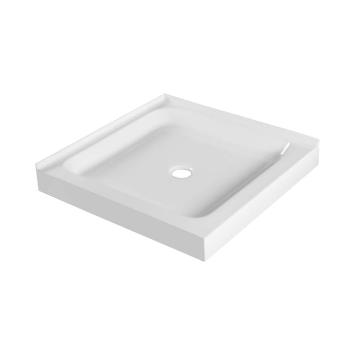 The Nova Shower Base is a white, square shower base with raised edges, a sloped surface for drainage, and a central circular drain hole.