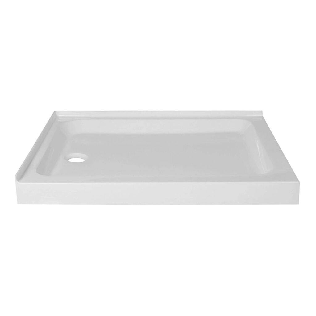 The Nova Shower Base is rectangular, white, with a slightly raised edge and a corner circular drain hole.