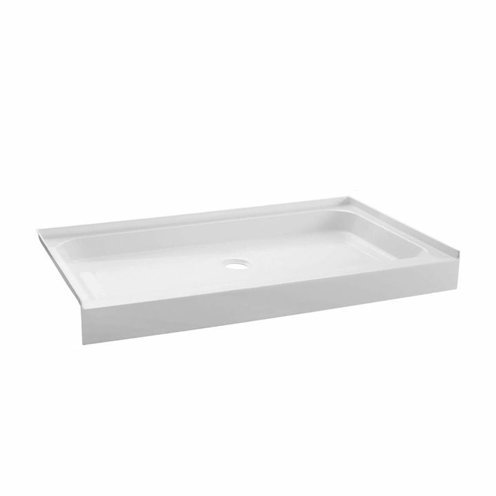 The Nova Shower Base features a rectangular white design with three raised edges and a center drain.