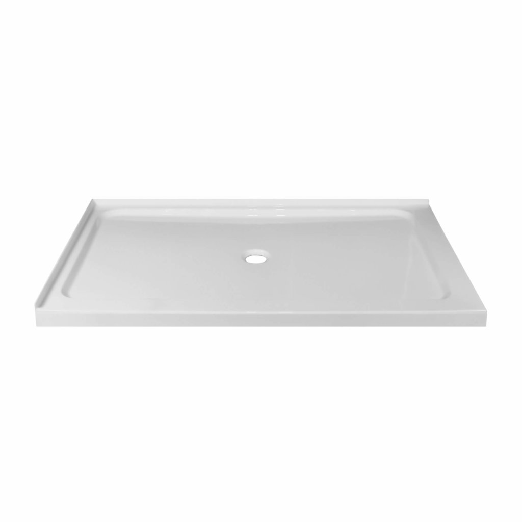 The Nova Shower Base is a rectangular white tray with a raised edge and a centered circular drain hole, shown against a plain white background.