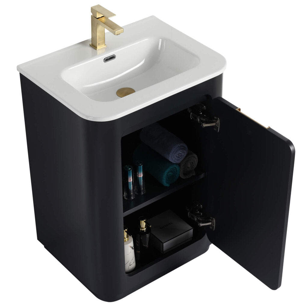 The Shireplace 24 Inch Bathroom Vanity With Sink features a sleek black design, open cabinet doors for storage, and is topped with a pristine white sink and elegant gold faucet, blending style and functionality.