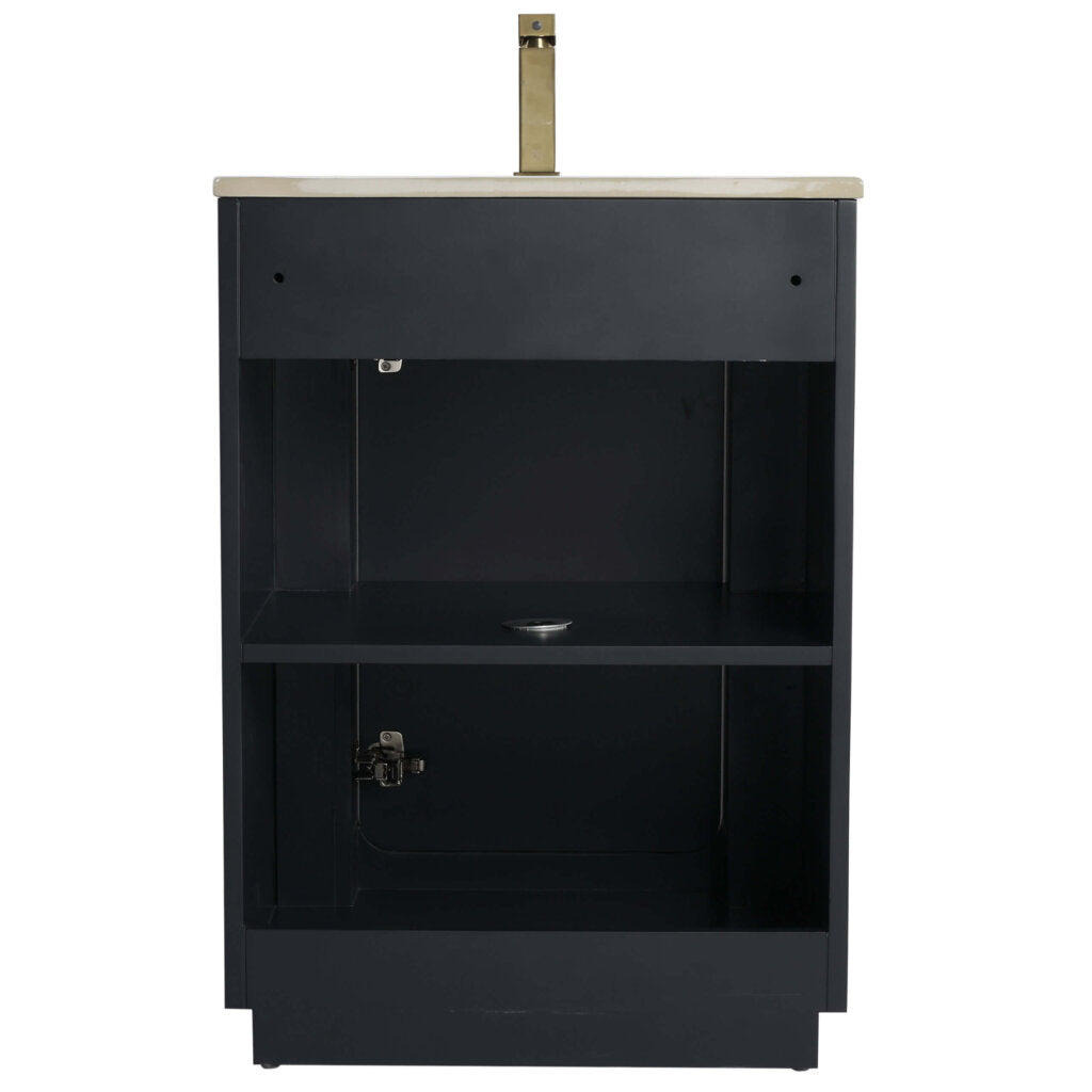 The Shireplace 24 Inch Bathroom Vanity with Sink features a black finish, beige countertop, an open middle shelf, and a minimalist design with a single faucet hole for ample storage.