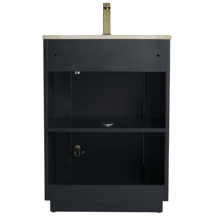 The Shireplace 24 Inch Bathroom Vanity with Sink features a black finish, beige countertop, an open middle shelf, and a minimalist design with a single faucet hole for ample storage.