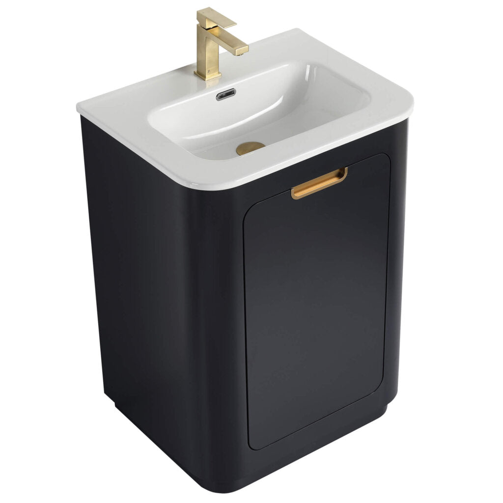 The Shireplace 24 Inch Bathroom Vanity With Sink is a modern gem, boasting a black cabinet with a white rectangular basin, accented by a sleek gold faucet and cabinet door handle. Its perfect rounded edges enhance its contemporary charm.