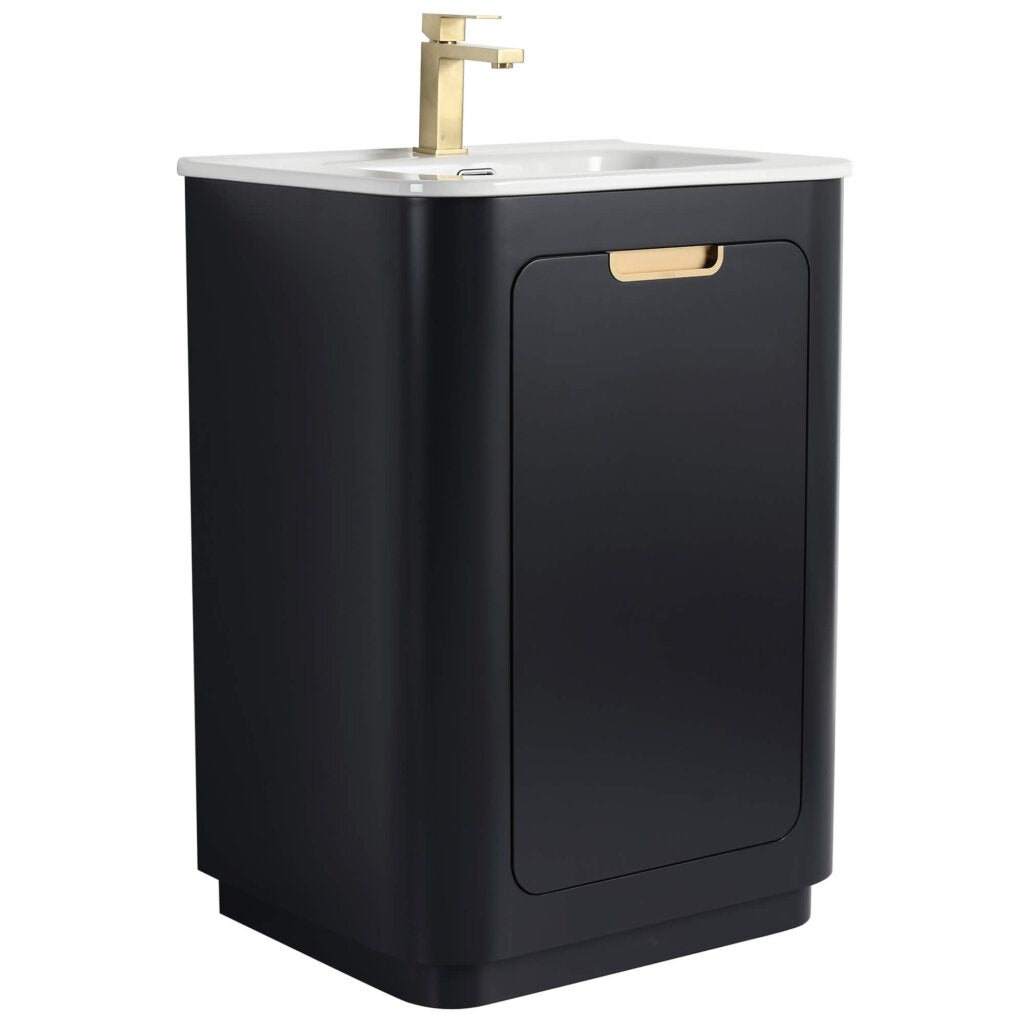 The Shireplace 24 Inch Bathroom Vanity With Sink features a chic, modern design with a matte black finish and gold faucet. It includes a white rectangular sink and a cabinet door with a gold handle, blending elegance with functionality.