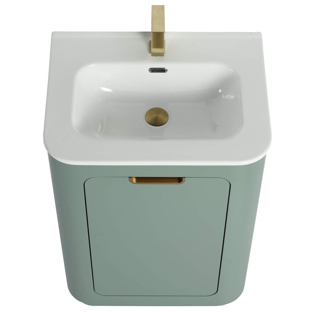 The Shireplace 24 Inch Bathroom Vanity With Sink has a compact design with a rectangular basin, gold faucet, and light green cabinet accented by a gold handle.