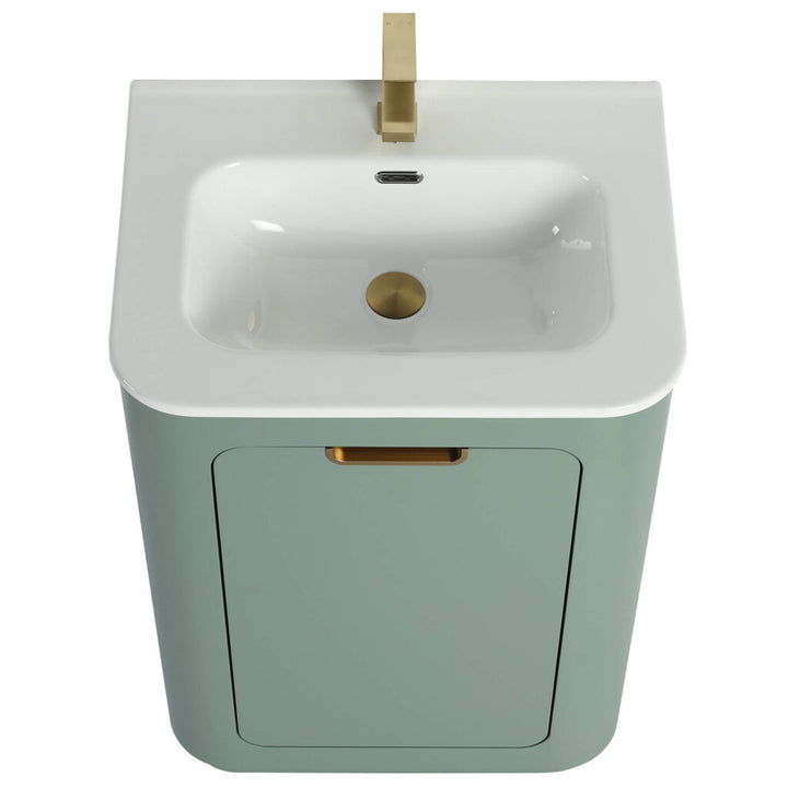 The Shireplace 24 Inch Bathroom Vanity With Sink has a compact design with a rectangular basin, gold faucet, and light green cabinet accented by a gold handle.