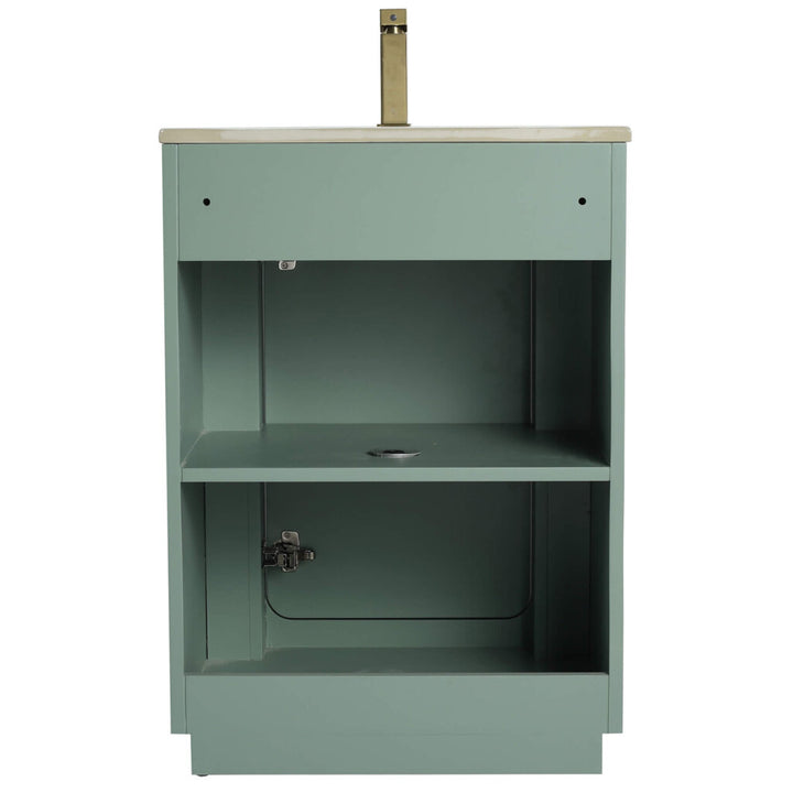 The Shireplace 24 Inch Bathroom Vanity With Sink features a modern green open-front design with two shelves, a beige countertop with a single faucet hole, and a partially open cabinet door highlighted by sleek chrome handles and hinges.