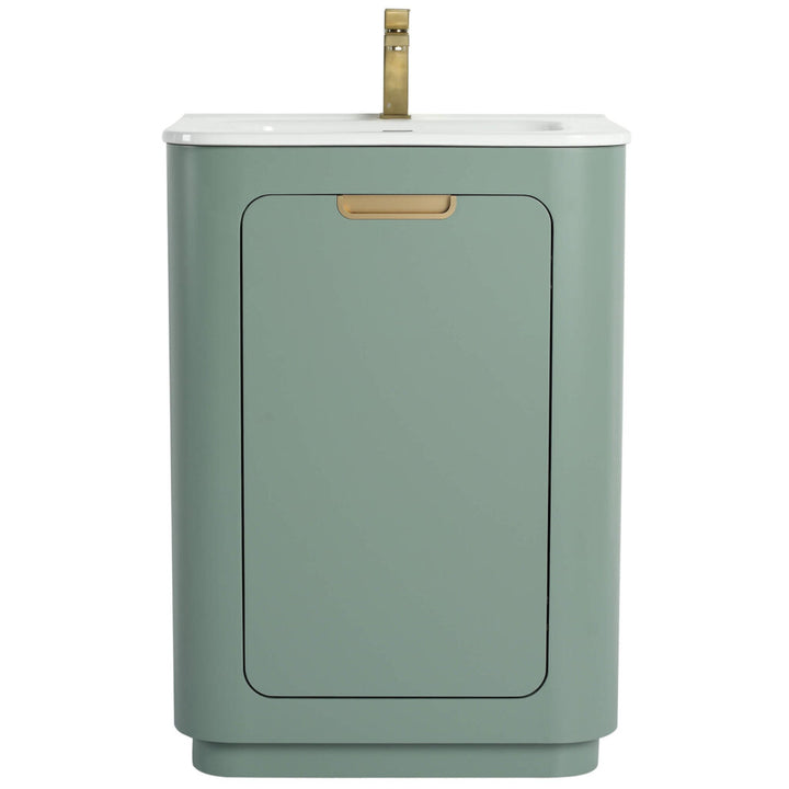 A minimalist green waste bin, inspired by the Shireplace 24 Inch Bathroom Vanity with Sink, showcases a flat top and gold handle. Its sleek rectangular design with rounded corners stands elegantly against a plain white background.