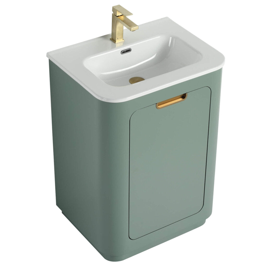 The Shireplace 24 Bathroom Vanity features a modern green finish, white basin, and gold faucet. Its rectangular door with a gold handle adds to its sleek, minimalist design, bringing style and elegance to any bathroom.