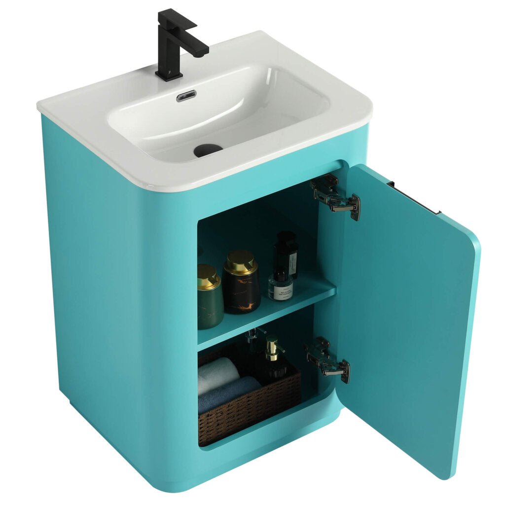 The Shireplace 24 Inch Bathroom Vanity With Sink boasts a turquoise finish, white sink, black faucet, and open cabinet providing ample shelved storage for toiletries and towels. Its minimalist design adds a modern, compact touch to any space.