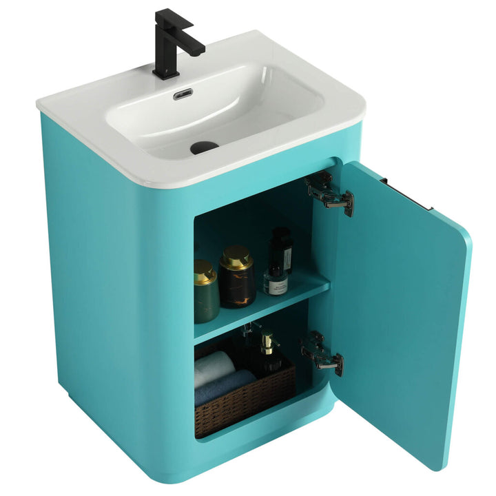 The Shireplace 24 Inch Bathroom Vanity With Sink boasts a turquoise finish, white sink, black faucet, and open cabinet providing ample shelved storage for toiletries and towels. Its minimalist design adds a modern, compact touch to any space.