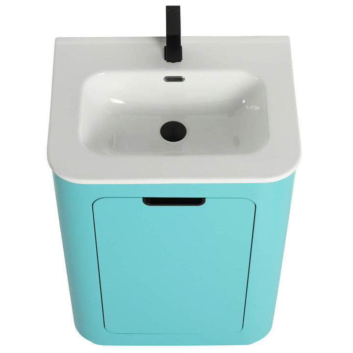 The Shireplace 24 Inch Bathroom Vanity With Sink features a compact white basin and sleek black faucet, all housed in a light blue rectangular cabinet with a small black handle.
