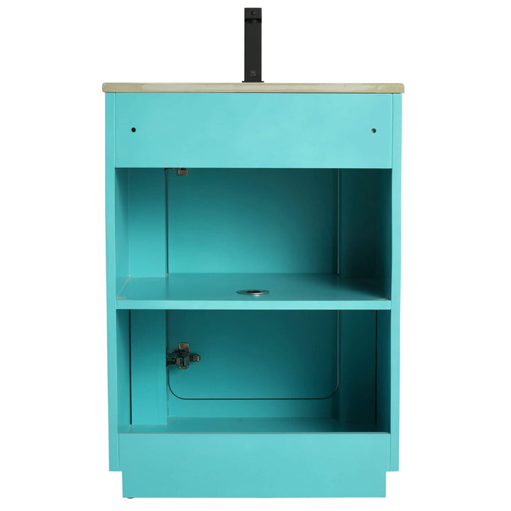 The Shireplace 24 Bathroom Vanity With Sink has a turquoise cabinet with an open middle shelf, a closed bottom section, and a beige top. A black rectangular fixture adds sophistication to the design.