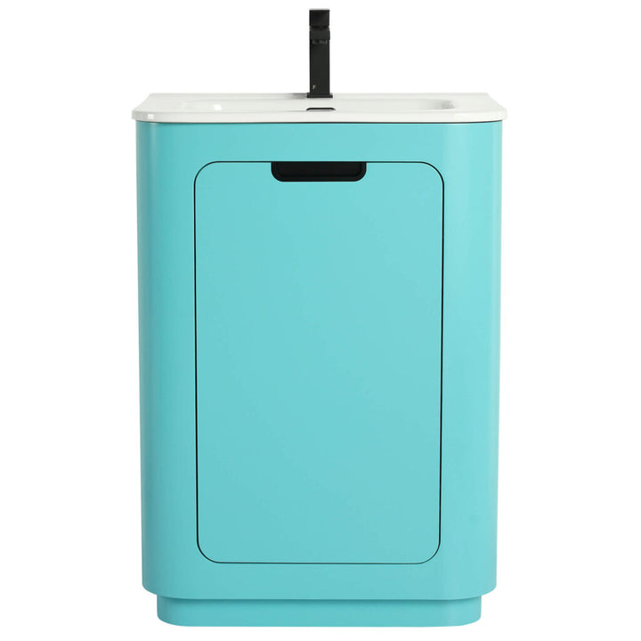 Discover the Shireplace 24 Inch Bathroom Vanity With Sink, featuring a vibrant turquoise finish, sleek rectangular basin, modern black faucet, and a single cabinet door with a cut-out handle for convenient storage.