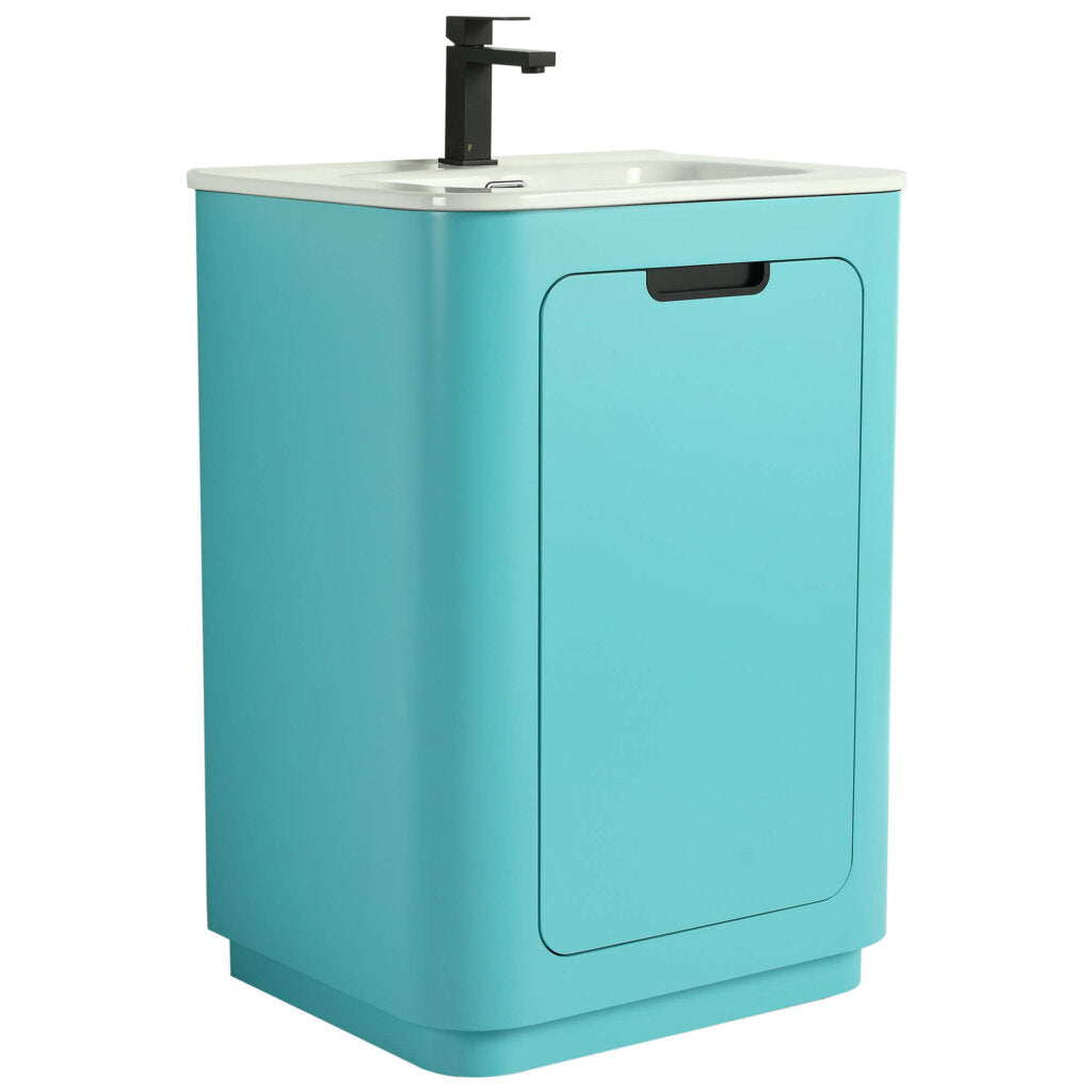The Shireplace 24 Inch Bathroom Vanity With Sink showcases a modern design with a turquoise cabinet, white countertop, sleek black faucet, and minimalist handle, seamlessly blending style and functionality for todays discerning homeowner.