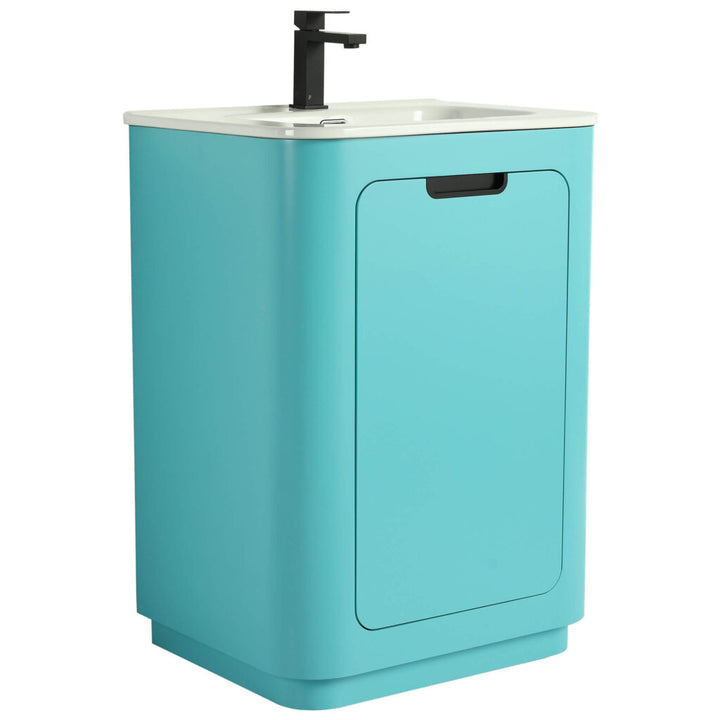 The Shireplace 24 Inch Bathroom Vanity With Sink showcases a modern design with a turquoise cabinet, white countertop, sleek black faucet, and minimalist handle, seamlessly blending style and functionality for todays discerning homeowner.