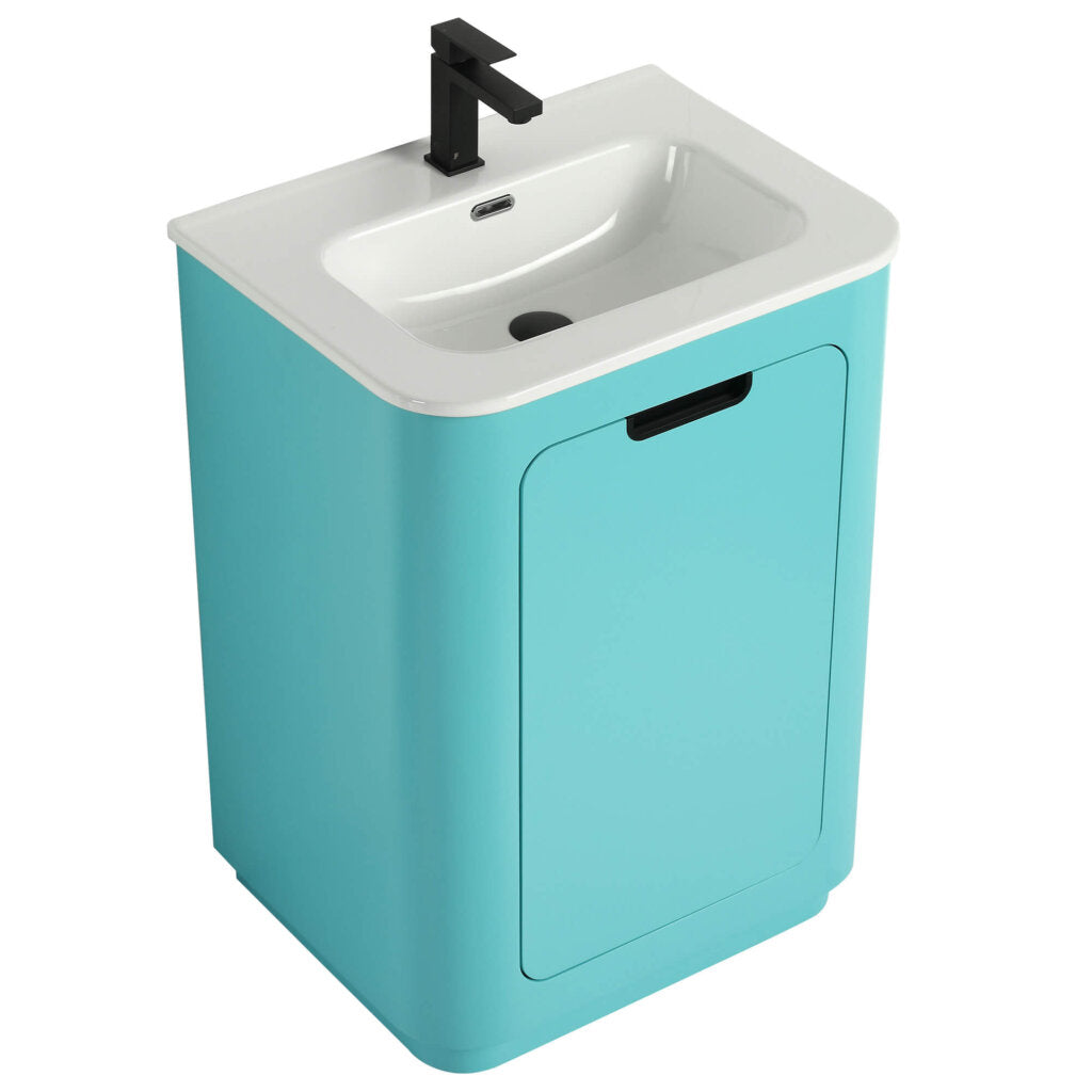 The Shireplace 24 Inch Bathroom Vanity With Sink features a bold turquoise cabinet, sleek white basin, modern black faucet, and cutout handle. Its compact design is minimalist with smooth, rounded edges for a contemporary touch.