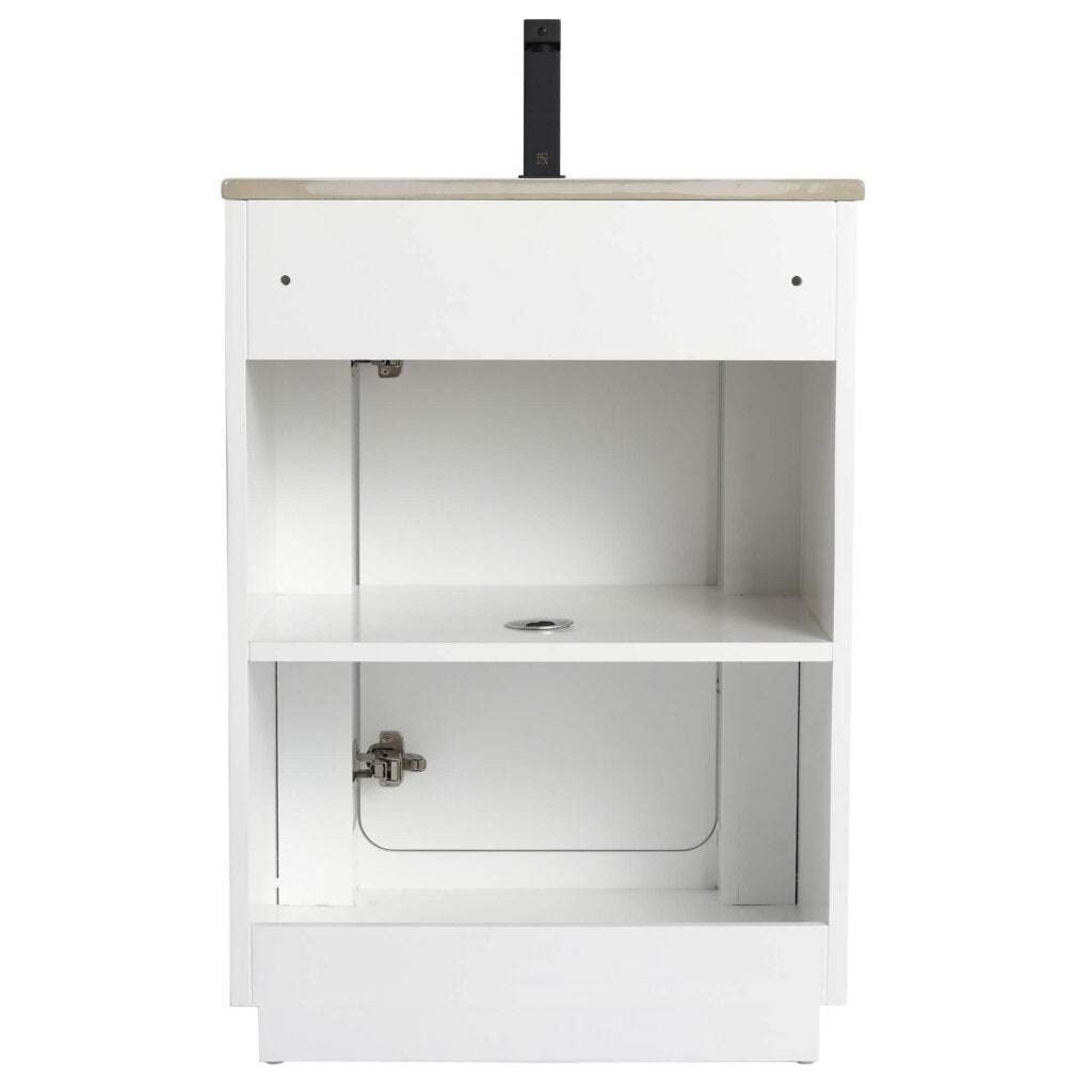 The Shireplace 24 Inch Bathroom Vanity With Sink, resembling a white kitchen cabinet without doors, has a natural wood top, two shelves, an upper shelf with a back panel cutout, and a bottom shelf with a left-side hinge suggesting a missing door.