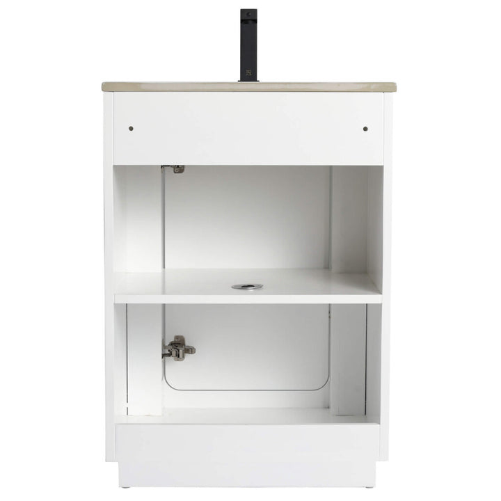 The Shireplace 24 Inch Bathroom Vanity With Sink, resembling a white kitchen cabinet without doors, has a natural wood top, two shelves, an upper shelf with a back panel cutout, and a bottom shelf with a left-side hinge suggesting a missing door.