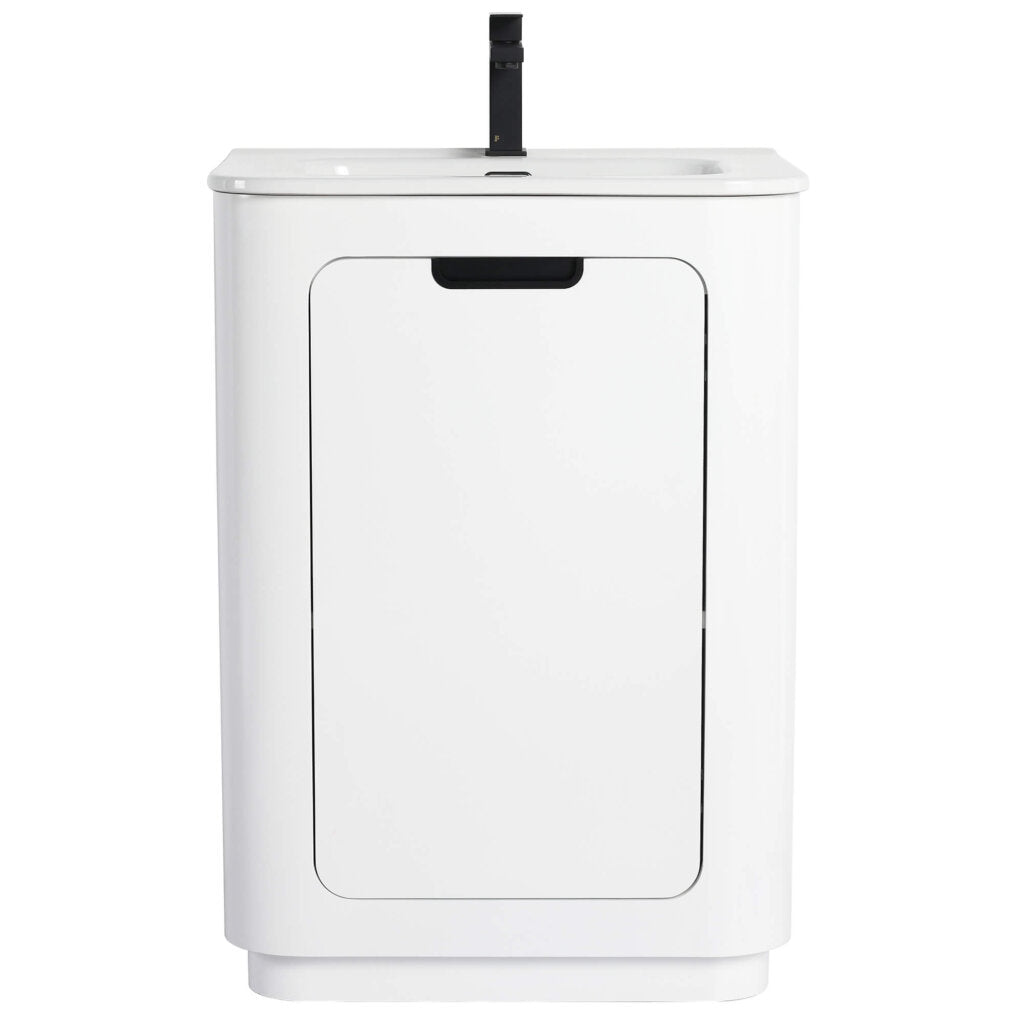 Discover the Shireplace 24 Inch Bathroom Vanity With Sink: It boasts a white rectangular sink atop a compact cabinet with a sleek black handle. The minimalist, modern design is completed by a black faucet mounted at the basins back.